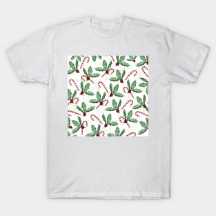 Green Holly Leaves Red Berries Candy Cane Paint T-Shirt